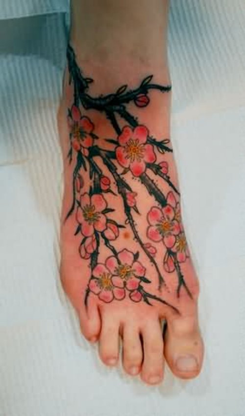 Beautiful Right Foot Cherry Blosoom Tattoos